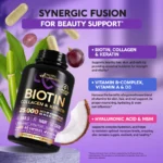 NUTRAHARMONY Biotin | Collagen | Hyaluronic Acid | Keratin - Hair Growth & Strength Support Vitamins - Skin & Nails Supplement - Clinically Tested for Men & Women - 25000mcg Vitamins B1, B2, B3, B6 & B7 - 60 Caps - Image 3