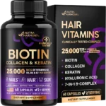 NUTRAHARMONY Biotin | Collagen | Hyaluronic Acid | Keratin - Hair Growth & Strength Support Vitamins - Skin & Nails Supplement - Clinically Tested for Men & Women - 25000mcg Vitamins B1, B2, B3, B6 & B7 - 60 Caps