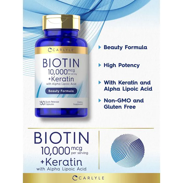 Carlyle Biotin (10,000 mcg) + Keratin with Alpha Lipoic Acid – 150 capsules - Image 3