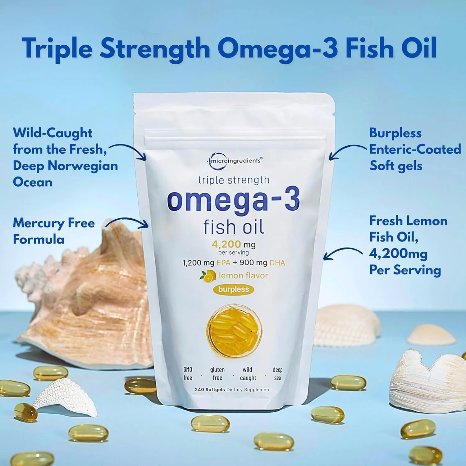 Micro Ingredients Omega-3 Fish Oil Burpless Lemon Flavor – 240 softgels - Image 3